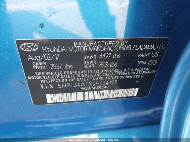 5NPE34AFXJH634153 Hyundai SONATA SEL