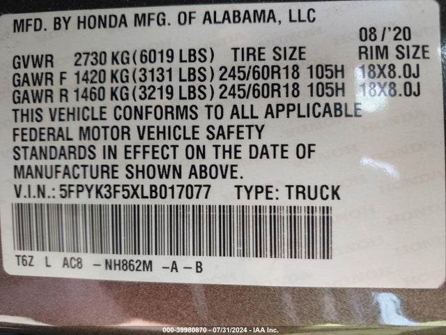 Honda Ridgeline Awd Rtl 2020 5FPYK3F5XLB017077 Image 9