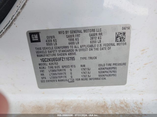 1GC2KUEG9FZ116785 Chevrolet Silverado 2500hd Wt