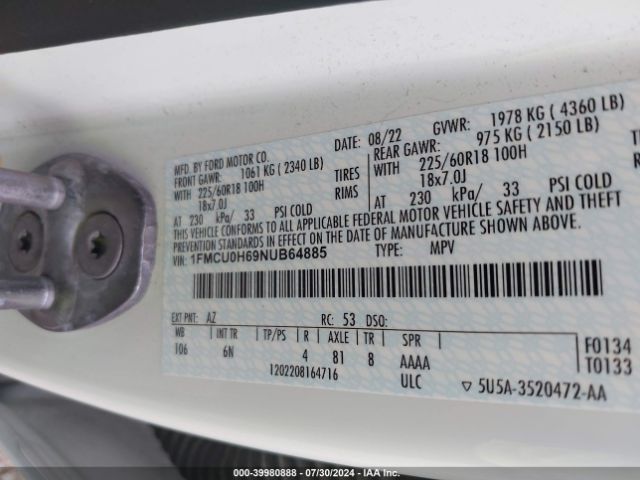 1FMCU0H69NUB64885 Ford ESCAPE SEL