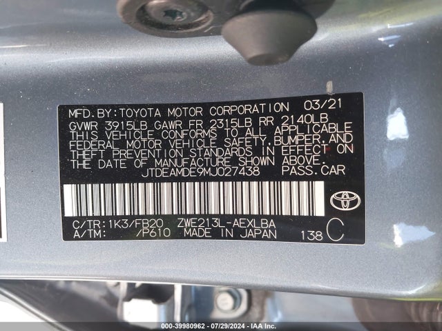 Toyota Corolla Hybrid Le 2021 JTDEAMDE9MJ027438 Image 9