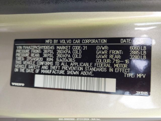 YV4A22PK5H1106545 Volvo Xc90 T6 Momentum