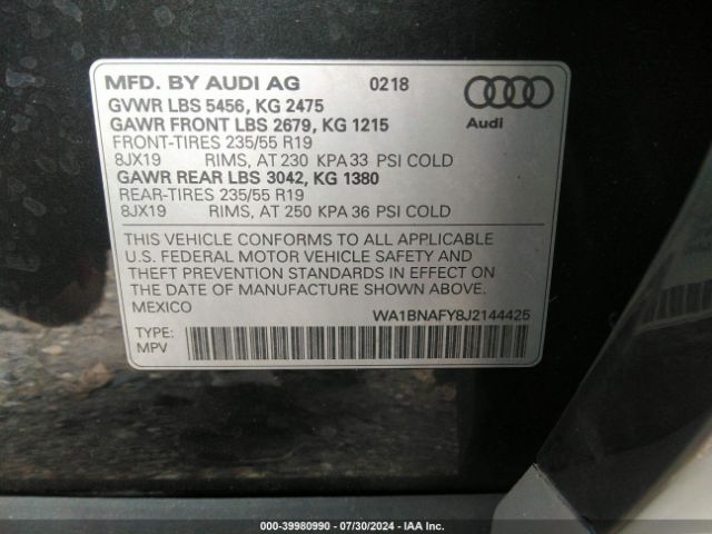 WA1BNAFY8J2144425 Audi Q5 2.0t Premium/2.0t Tech Premium