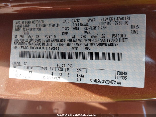 Ford ESCAPE SE 2017 1FMCU0G93HUD49241 Image 9