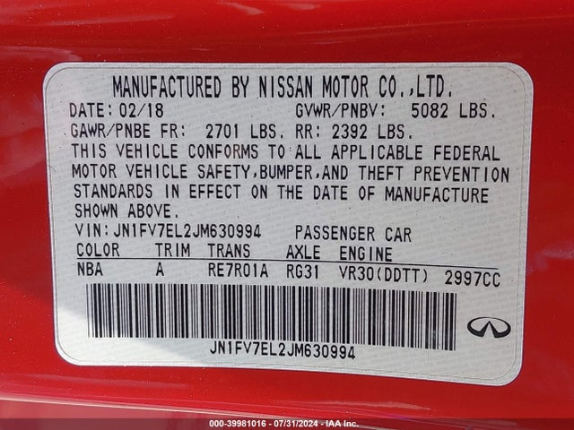 JN1FV7EL2JM630994 Infiniti Q60 3.0t Red Sport 400