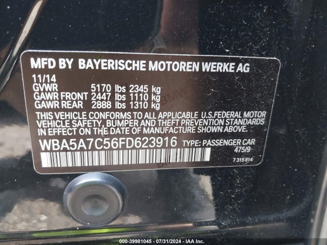BMW 528i Xdrive 2015 WBA5A7C56FD623916 Image 9