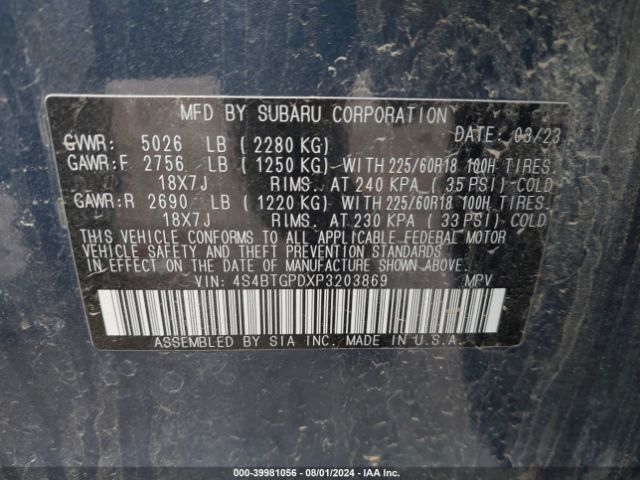 2023 SUBARU OUTBACK 4S4BTGPDXP3203869 Photo 8