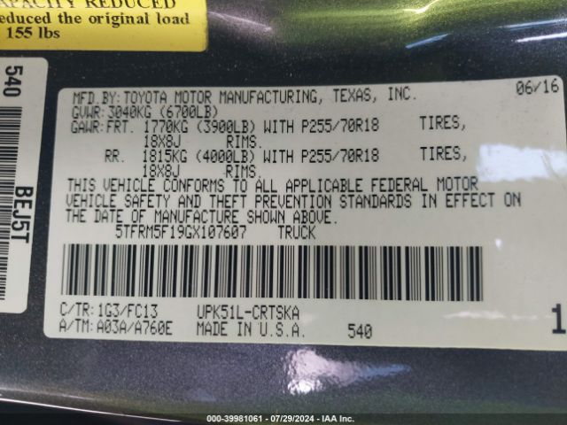5TFRM5F19GX107607 Toyota Tundra Sr5 4.6l V8