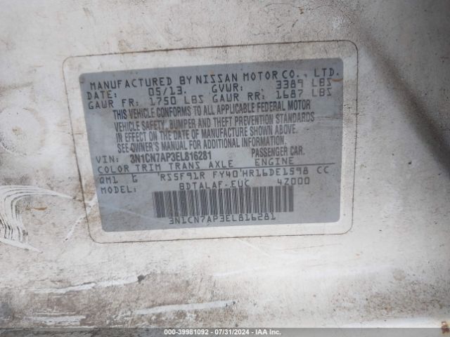 3N1CN7AP3EL816281 Nissan Versa 1.6 S