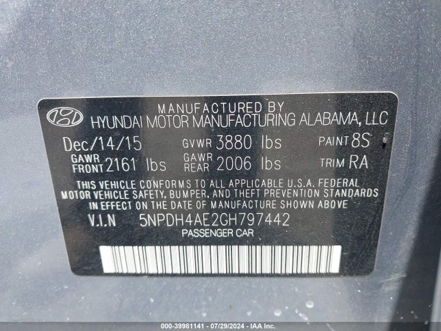 Hyundai ELANTRA SE 2016 5NPDH4AE2GH797442 Image 9