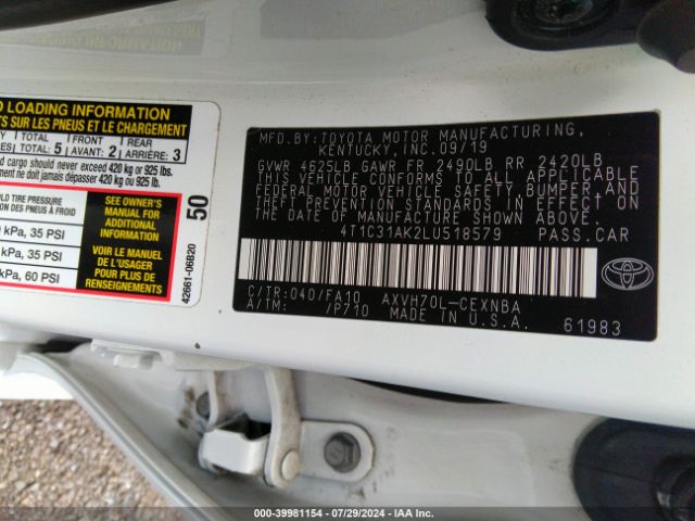 4T1C31AK2LU518579 Toyota Camry Le Hybrid