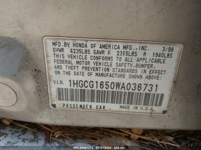 Auction sale of the 1998 Honda Accord Ex V6, vin: 1HGCG1650WA036731, lot number: 39981212