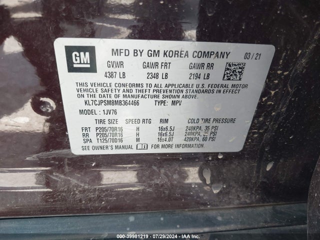Chevrolet Trax Awd Lt 2021 KL7CJPSM8MB364466 Image 9
