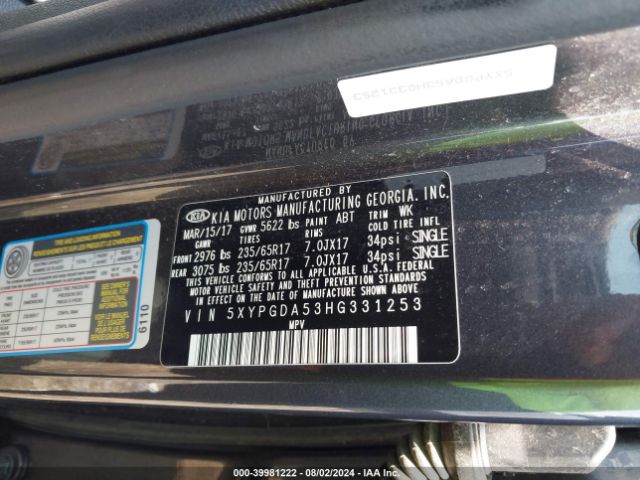 5XYPGDA53HG331253 KIA Sorento 3.3l Lx