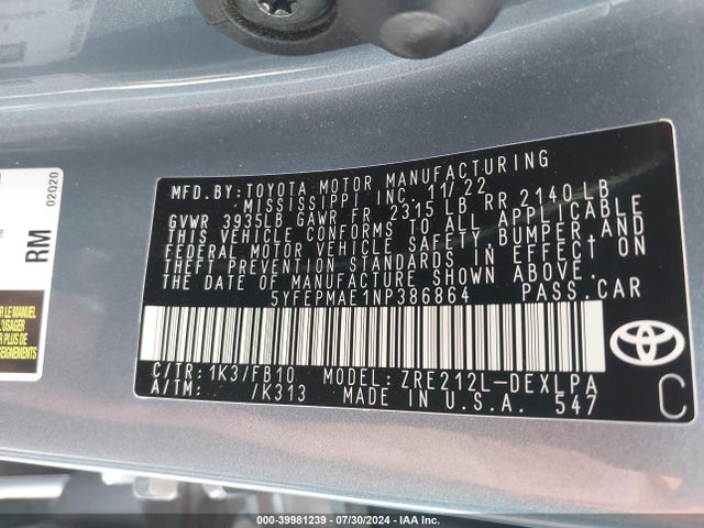 Toyota COROLLA LE 2022 5YFEPMAE1NP386864 Image 9