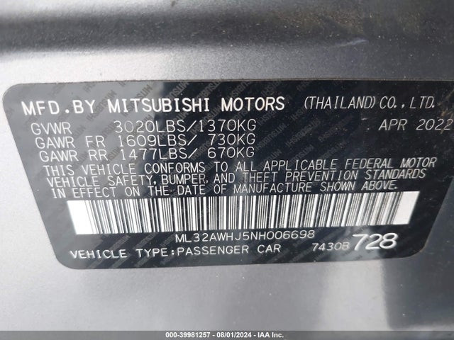 2022 MITSUBISHI MIRAGE ML32AWHJ5NH006698 Photo 8