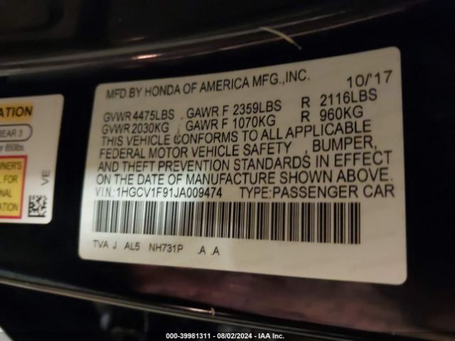 1HGCV1F91JA009474 Honda Accord Touring