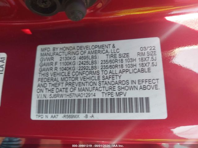 5J6RW1H57NA012914 Honda Cr-v 2wd Ex