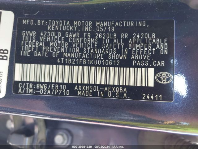 4T1B21FB1KU010612 Toyota Avalon Hybrid Xse
