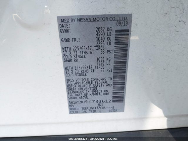5N1AT2MT9LC733612 Nissan Rogue S Fwd