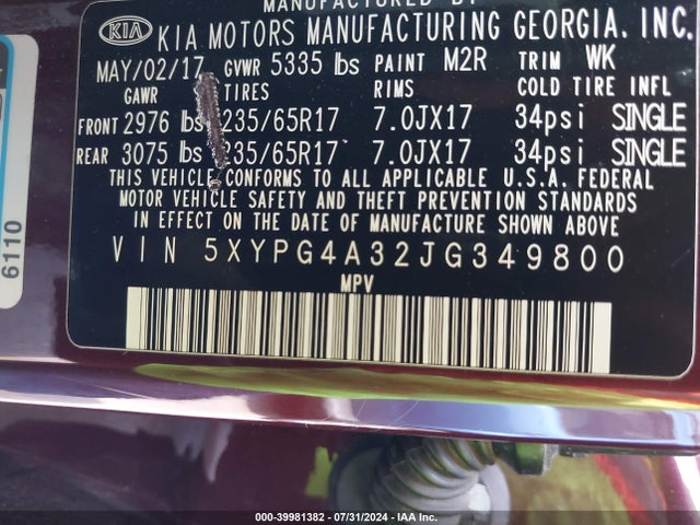 KIA Sorento 2.4l Lx 2018 5XYPG4A32JG349800 Image 9