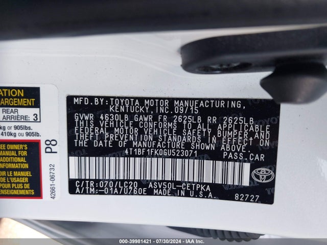 Toyota CAMRY XSE 2016 4T1BF1FK0GU523071 Image 9