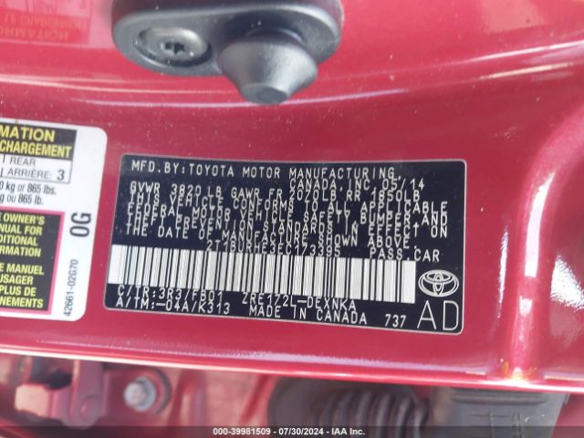 2T1BURHE3EC173395 Toyota Corolla Le Plus