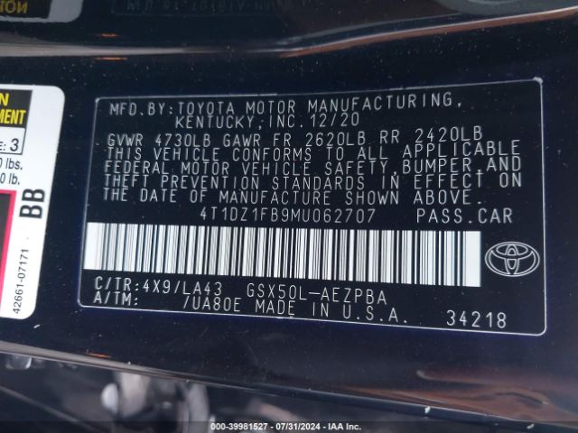 4T1DZ1FB9MU062707 Toyota AVALON LIMITED