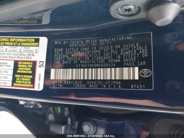 4T1K61AK8MU600434 Toyota CAMRY XSE