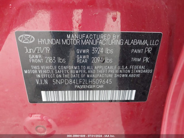 Hyundai ELANTRA SEL 2020 5NPD84LF2LH509645 Image 9