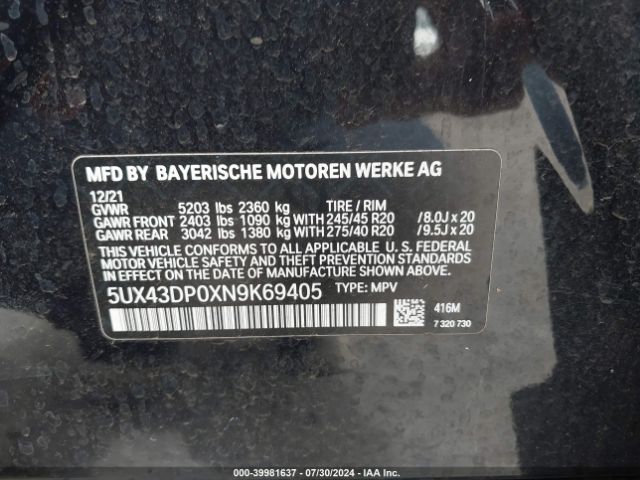 5UX43DP0XN9K69405 BMW X3 Sdrive30i