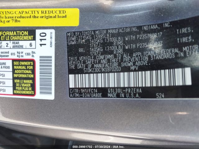 5TDKZ3DC1KS970203 Toyota Sienna Le 8 Passenger