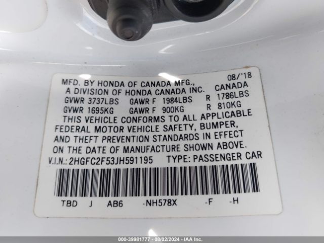 2HGFC2F53JH591195 Honda Civic Lx