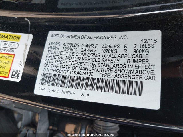 Honda ACCORD LX 2019 1HGCV1F11KA024102 Image 9