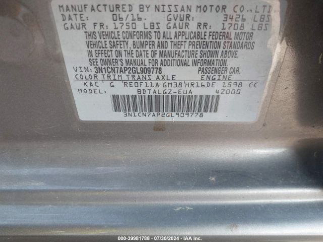 3N1CN7AP2GL909778 Nissan Versa 1.6 Sl