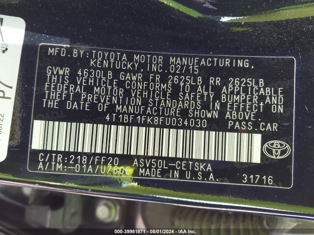 Toyota CAMRY SE 2015 4T1BF1FK8FU034030 Image 9