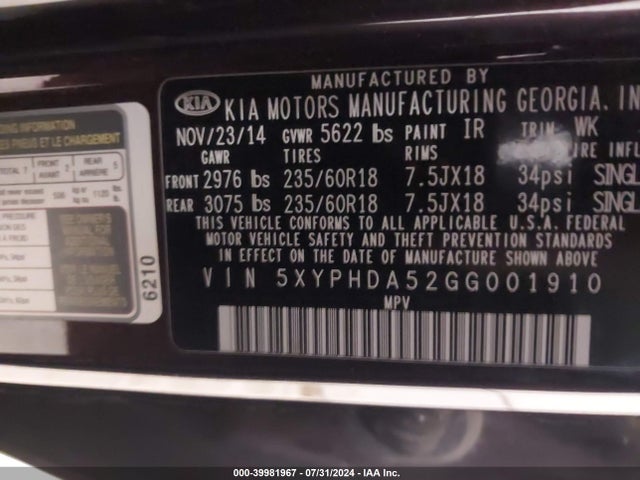 KIA Sorento 3.3l Ex 2016 5XYPHDA52GG001910 Image 9