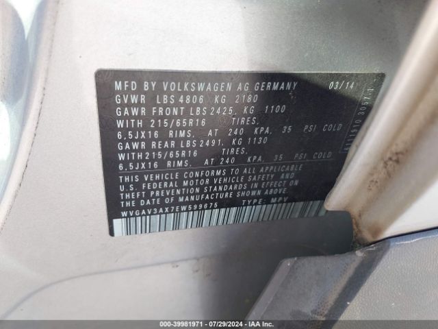 WVGAV3AX7EW599675 Volkswagen TIGUAN S