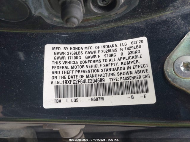 Honda Civic Lx 2020 19XFC2F64LE204689 Image 9