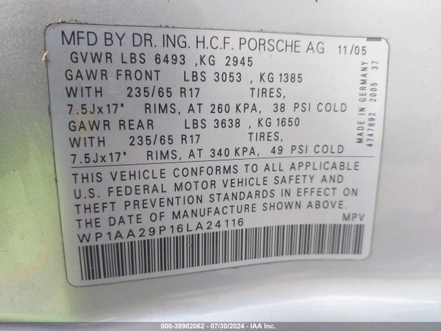 2006 PORSCHE CAYENNE WP1AA29P16LA24116 Photo 8