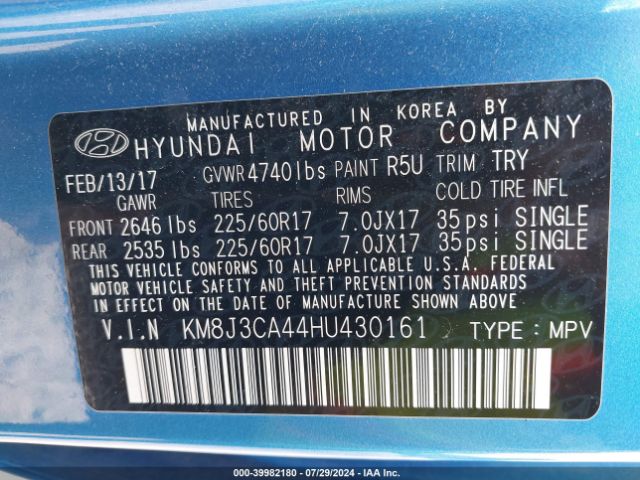 KM8J3CA44HU430161 Hyundai Tucson Se Plus