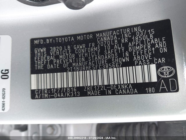 2T1BURHE5FC385667 Toyota COROLLA LE