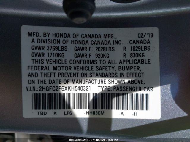 2HGFC2F6XKH540321 Honda Civic Lx