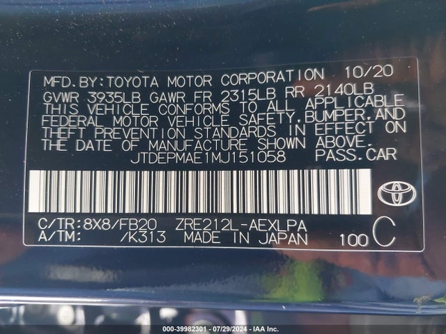 Toyota COROLLA LE 2021 JTDEPMAE1MJ151058 Image 9