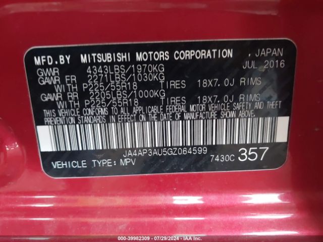 JA4AP3AU5GZ064599 Mitsubishi Outlander Sport 2.0 Es