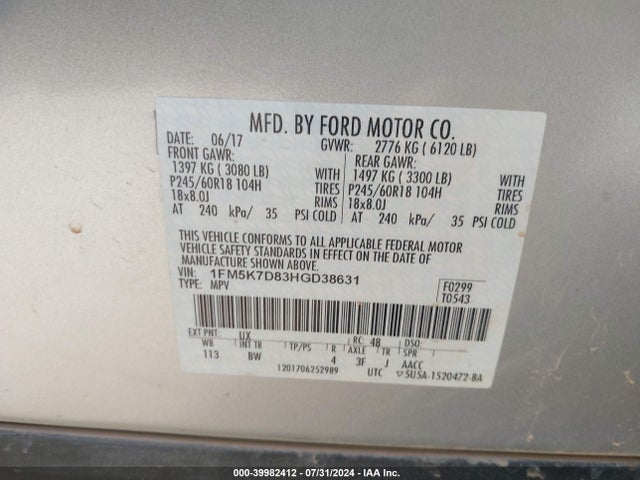 Ford EXPLORER XLT 2017 1FM5K7D83HGD38631 Image 9