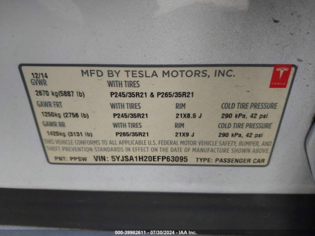 5YJSA1H20EFP63095 Tesla Model S P85d