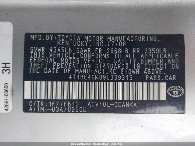 2009 Toyota Camry Le მანქანა იყიდება აუქციონზე, vin: 4T1BE46K09U339319, აუქციონის ნომერი: 39982645