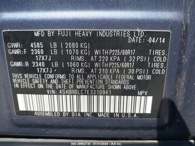 Subaru Outback 2.5i Limited 2014 4S4BRBLC7E3310941 Image 9
