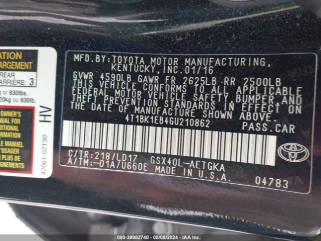 4T1BK1EB4GU210862 Toyota AVALON XLE